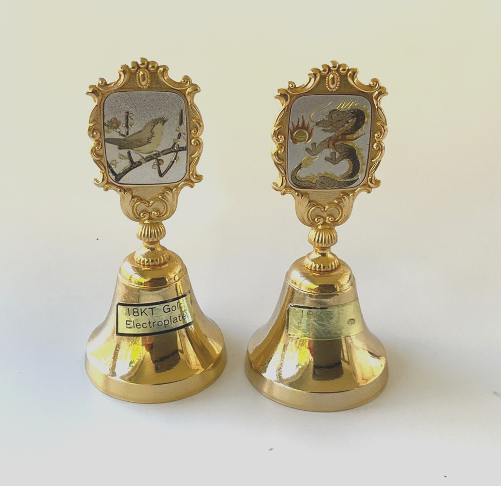 Original Chokin Collection Japanese Hand Bells Dragon Bird 18KT Gold Lot of 2